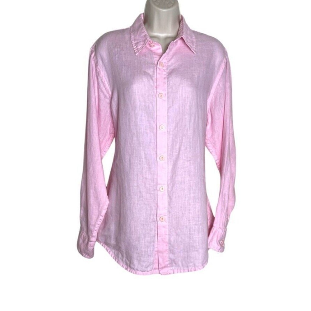 Flax Pink Linen Button Up Shirt Size S Fits 4-6 Collared Long Sleeve Lagenlook